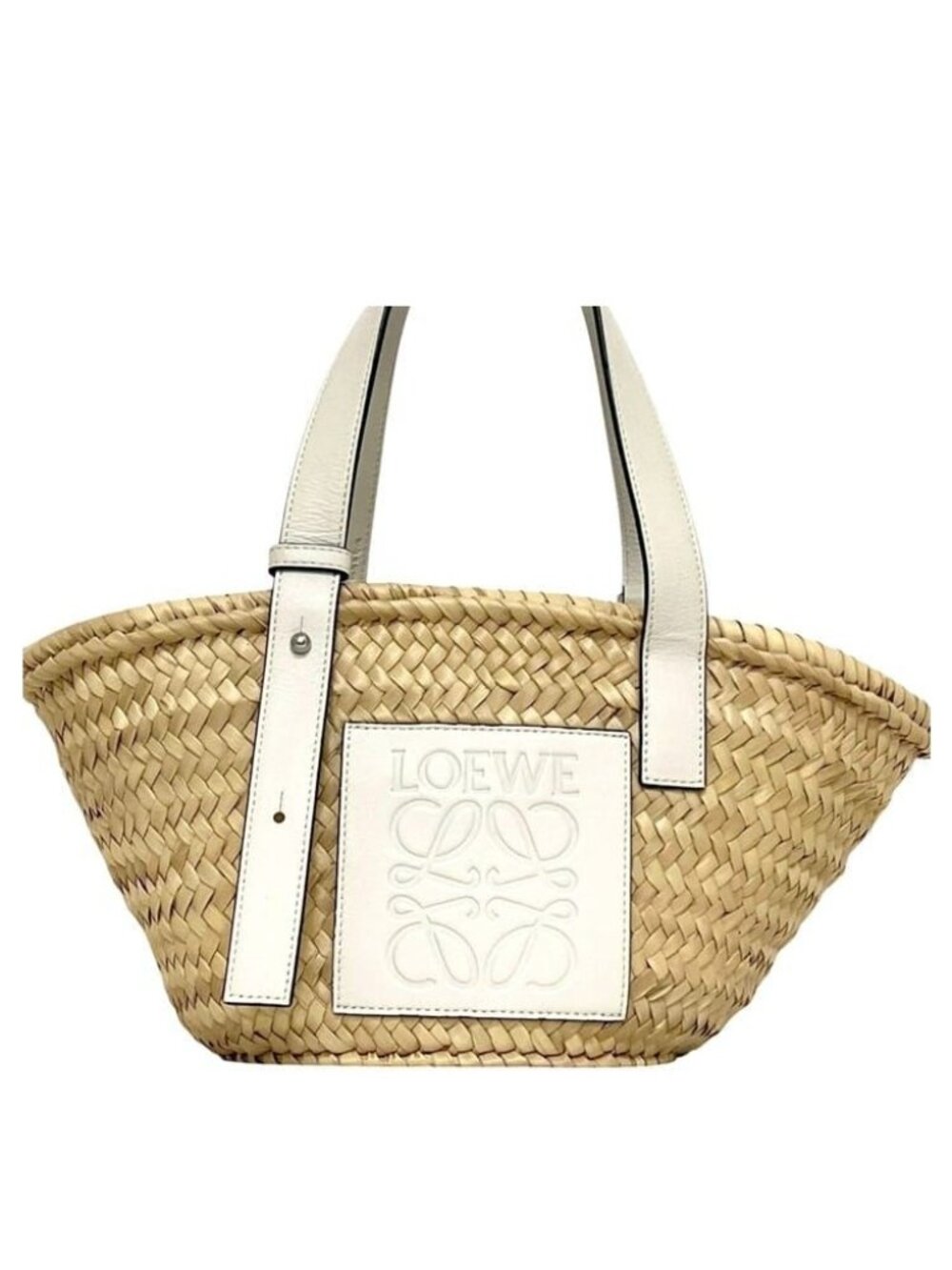 Loewe Basket Bag Small Anagram Raffia Palm Leaf Calfskin Natural White Handbag